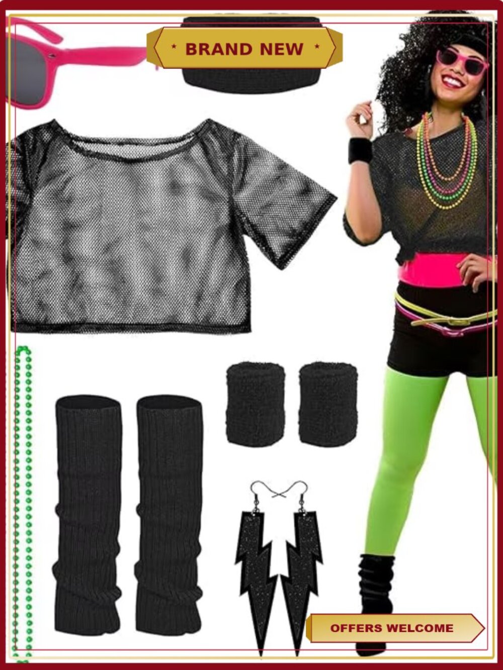 80s Costume Set Mesh T-Shirt Leg Warmers Headband Wristbands